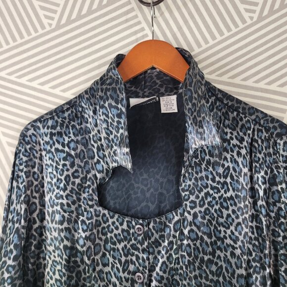 Vintage Y2K Satin Top Plus size 22/24 3X button up Leopard Cheetah Grey Silver - Picture 4 of 7